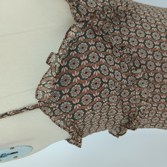 Love and Piece Floral Maxi Dress Tan Green M retro summer ruffle bohemian party - Picture 5 of 9